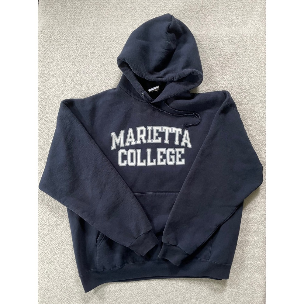 Distressed Champion Mens XXL Hoodie Navy Blue Marietta College Graphic Hoodie